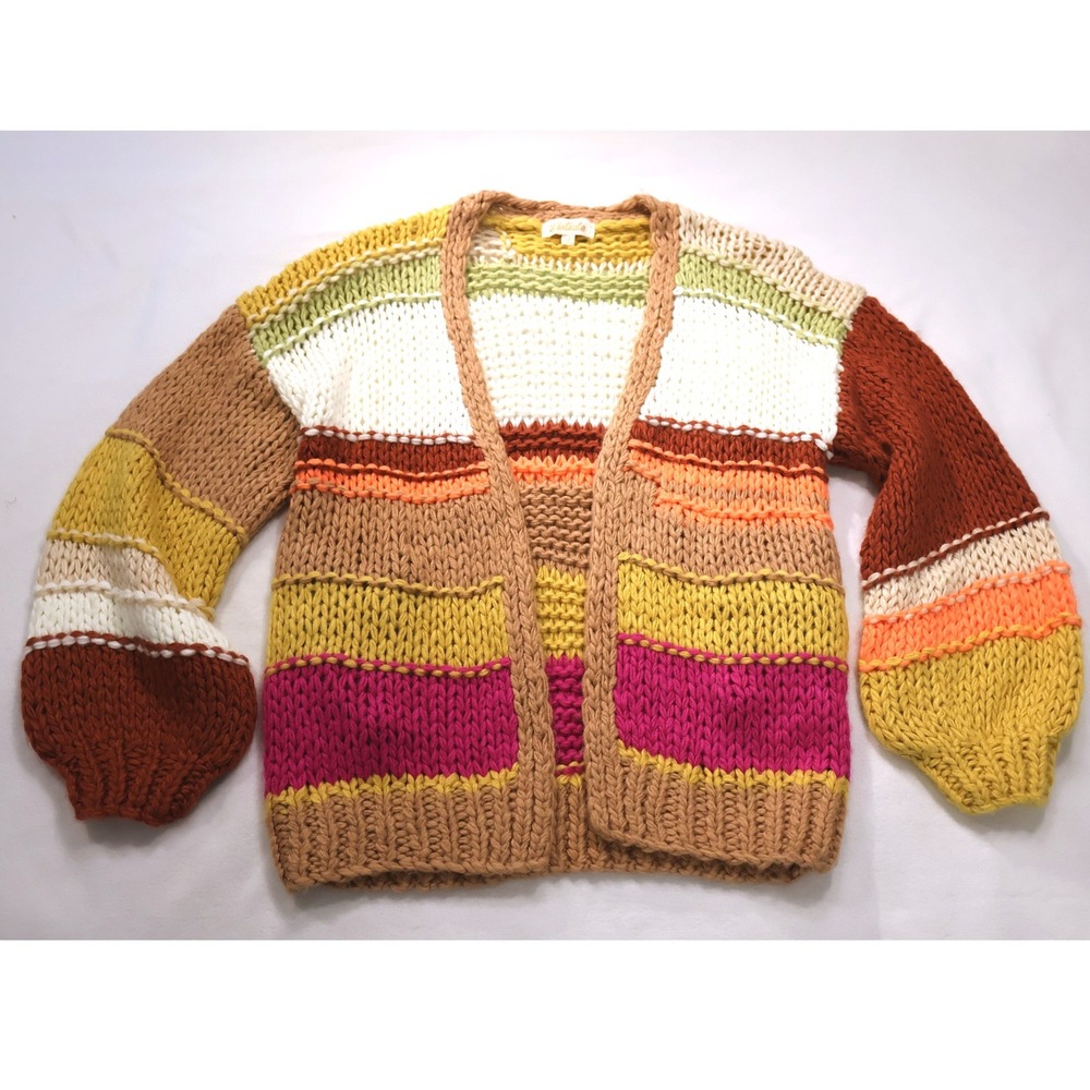 Listicle Wide Stripe Chunky Crochet Cardigan Size S Multicolor Puff Sleeve